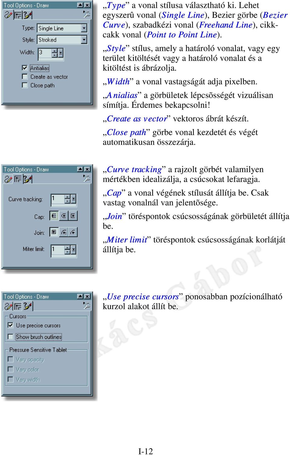 Anialias a görbületek lépcsõsségét vizuálisan símítja. Érdemes bekapcsolni! Create as vector vektoros ábrát készít. Close path görbe vonal kezdetét és végét automatikusan összezárja.