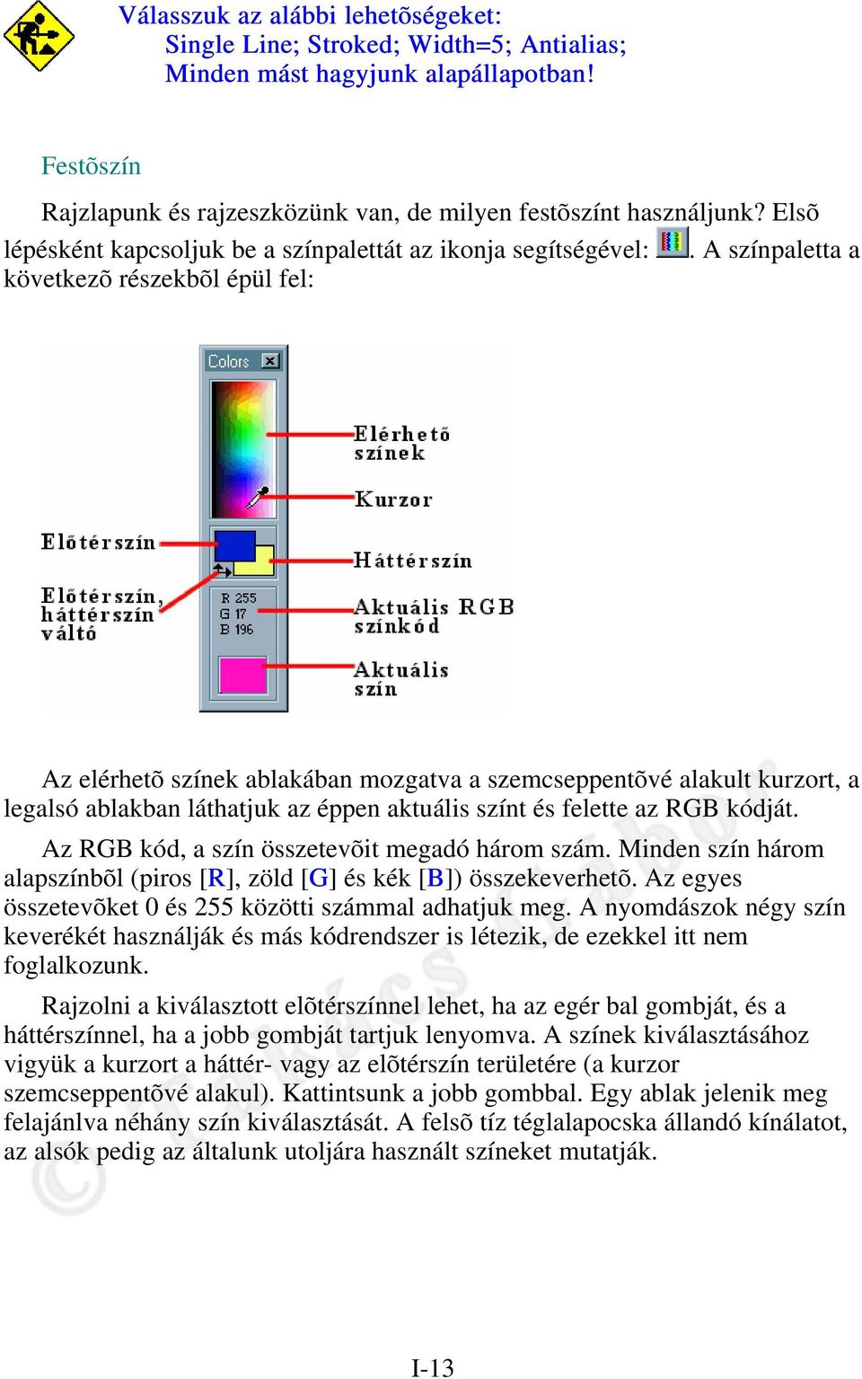 A színpaletta a következõ részekbõl épül fel: Az elérhetõ színek ablakában mozgatva a szemcseppentõvé alakult kurzort, a legalsó ablakban láthatjuk az éppen aktuális színt és felette az RGB kódját.