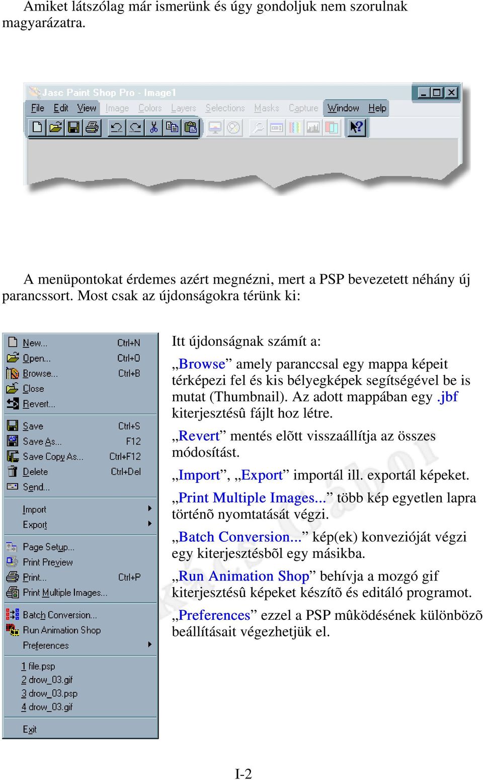 jbf kiterjesztésû fájlt hoz létre. Revert mentés elõtt visszaállítja az összes módosítást. Import, Export importál ill. exportál képeket. Print Multiple Images.