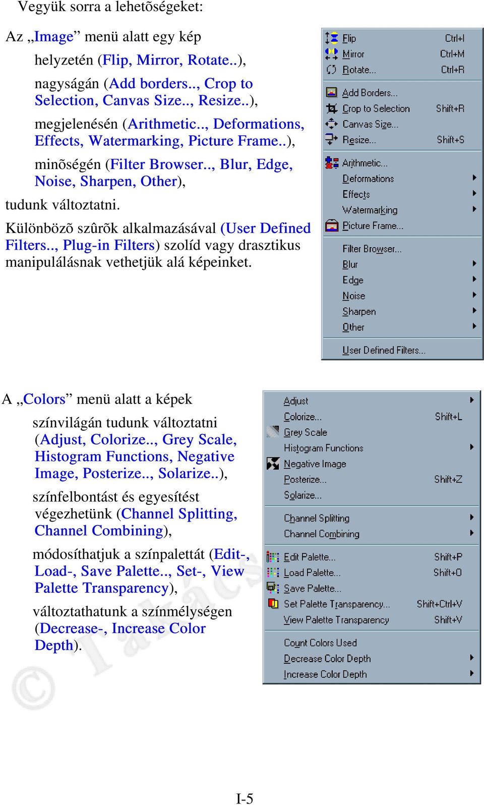 ., Plug-in Filters) szolíd vagy drasztikus manipulálásnak vethetjük alá képeinket. A Colors menü alatt a képek színvilágán tudunk változtatni (Adjust, Colorize.