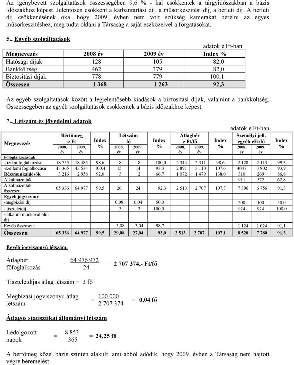 , Egyéb szolgáltatások adatok e Ft-ban Megnevezés 2008 év 2009 év Index % Hatósági díjak 128 105 82,0 Bankköltség 462 379 82,0 Biztosítási díjak 778 779 100,1 Összesen 1 368 1 263 92,3 Az egyéb