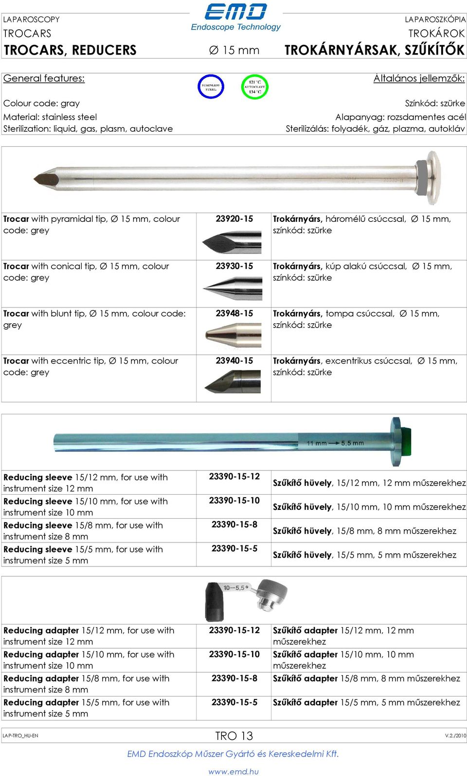 csúccsal, Ø 15 mm, színkód: szürke Trocar with eccentric tip, Ø 15 mm, colour code: grey 23940-15 Trokárnyárs, excentrikus csúccsal, Ø 15 mm, színkód: szürke Reducing sleeve 15/12 mm, for use with