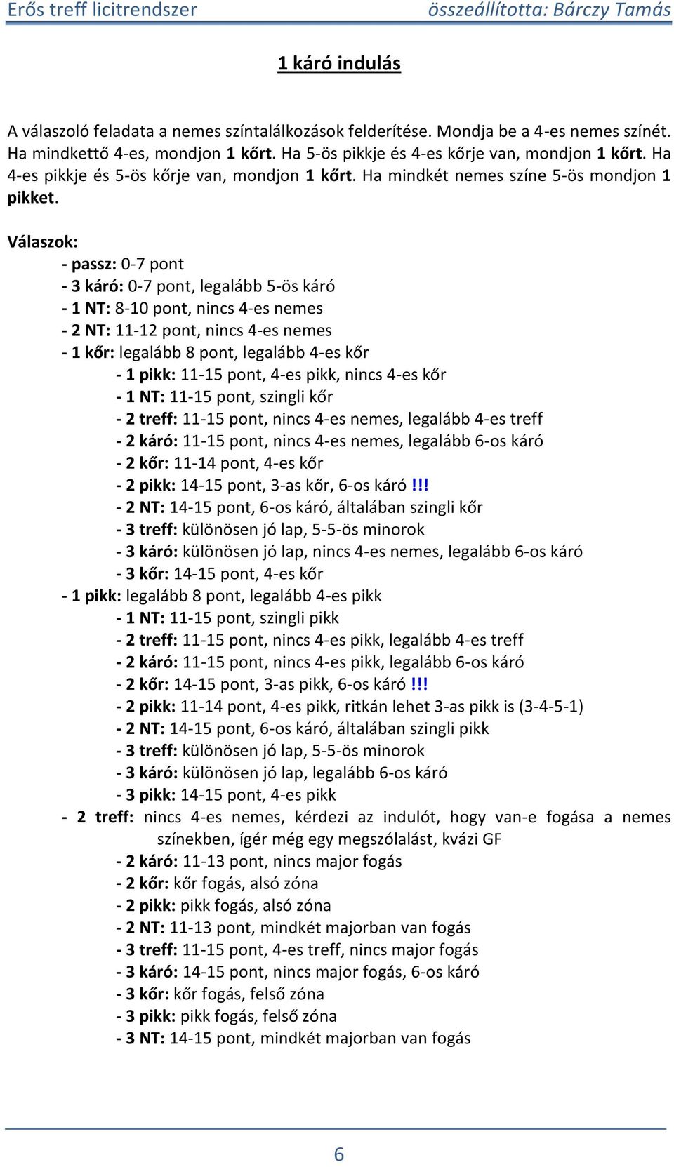 Válaszok: - assz: 0-7 ont - 3 káró: 0-7 ont, legalább 5-ös káró - 1 NT: 8-10 ont, nincs 4-es nemes - 2 NT: 11-12 ont, nincs 4-es nemes - 1 kőr: legalább 8 ont, legalább 4-es kőr - 1 ikk: 11-15 ont,