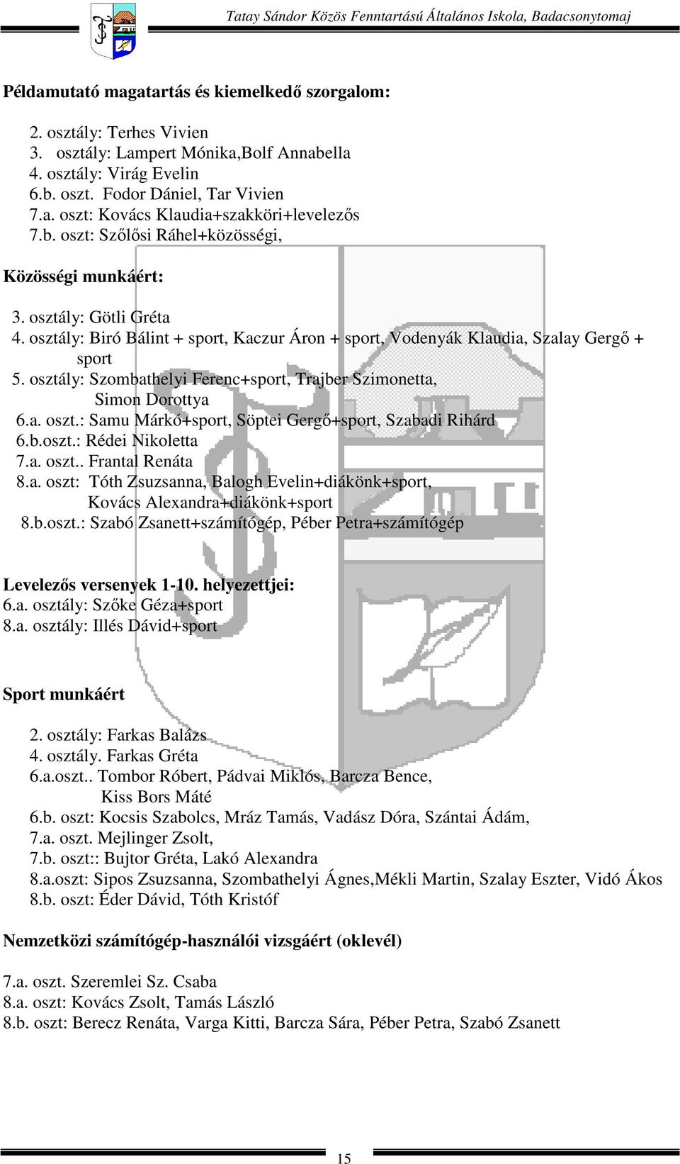 osztály: Biró Bálint + sport, Kaczur Áron + sport, Vodenyák Klaudia, Szalay Gergő + sport 5. osztály: Szombathelyi Ferenc+sport, Trajber Szimonetta, Simon Dorottya 6.a. oszt.: Samu Márkó+sport, Söptei Gergő+sport, Szabadi Rihárd 6.
