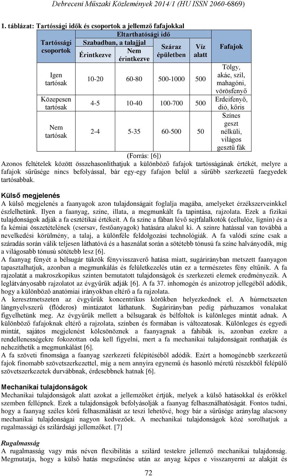 gesztű fák (Forrás: [6]) Azonos feltételek között összehasonlíthatjuk a különböző fafajok tartósságának értékét, melyre a fafajok sűrűsége nincs befolyással, bár egy-egy fafajon belül a sűrűbb
