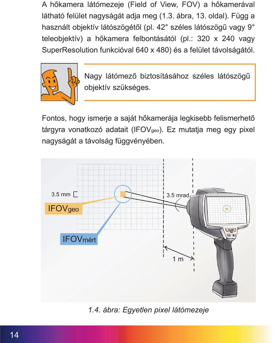 : 320 x 240 vagy SuperResolution funkcióval 640 x 480) és a felület távolságától. Nagy látómező biztosításához széles látószögű objektív szükséges.