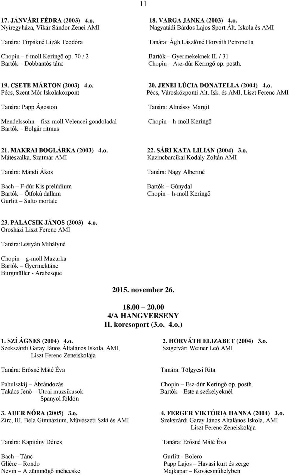 posth. 19. CSETE MÁRTON (2003) 4.o. 20. JENEI LÚCIA DONATELLA (2004) 4.o. Pécs, Szent Mór Isko