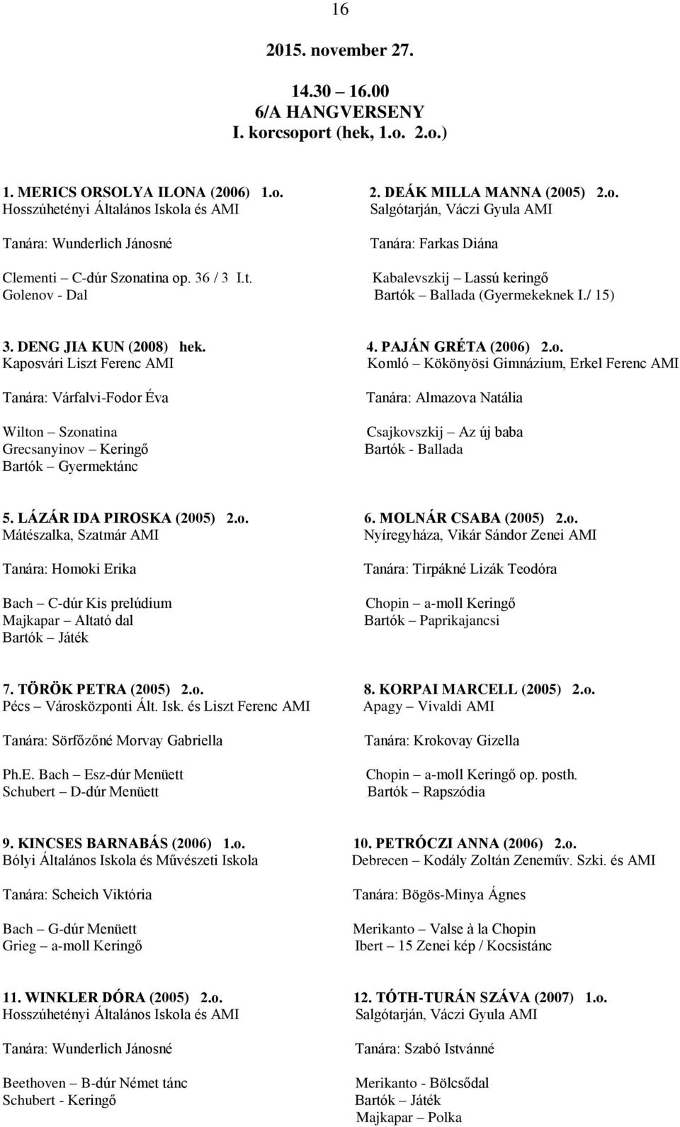 enov - Dal Bartók Ballada (Gyermekeknek I./ 15) 3. DENG JIA KUN (2008) hek. 4. PAJÁN GRÉTA (2006) 2.o. Kaposvári Liszt Ferenc AMI Komló Kökönyösi Gimnázium, Erkel Ferenc AMI Tanára: Várfalvi-Fodor