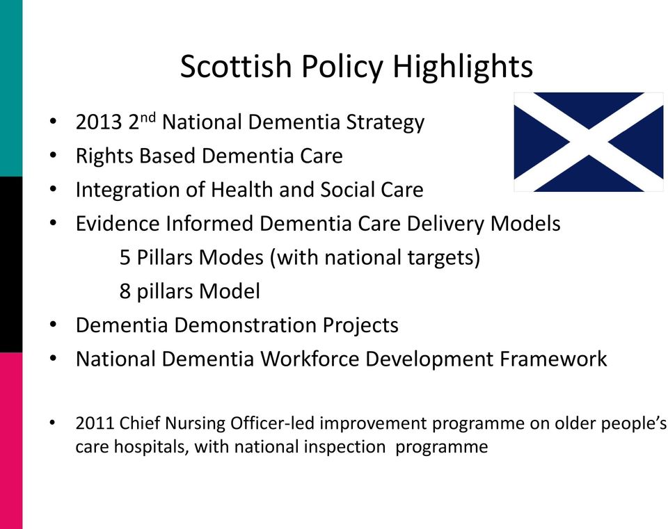 targets) 8 pillars Model Dementia Demonstration Projects National Dementia Workforce Development Framework