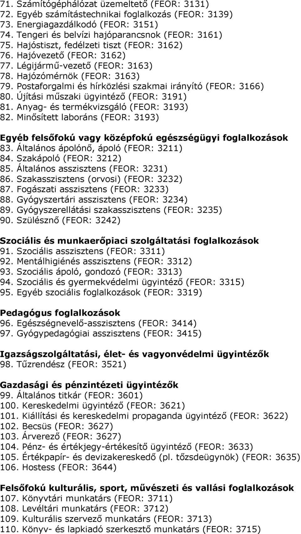 Újítási műszaki ügyintéző (FEOR: 3191) 81. Anyag- és termékvizsgáló (FEOR: 3193) 82. Minősített laboráns (FEOR: 3193) Egyéb felsőfokú vagy középfokú egészségügyi foglalkozások 83.