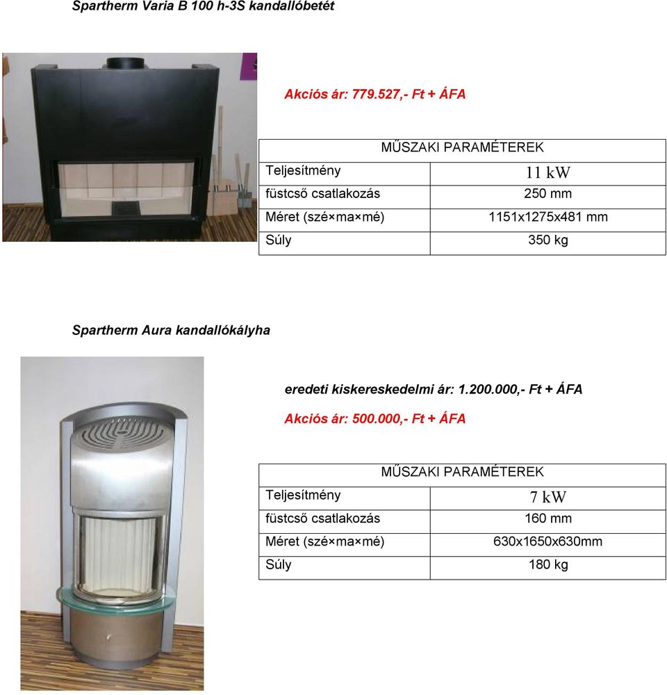 Aura kandallókályha eredeti kiskereskedelmi ár: 1.200.