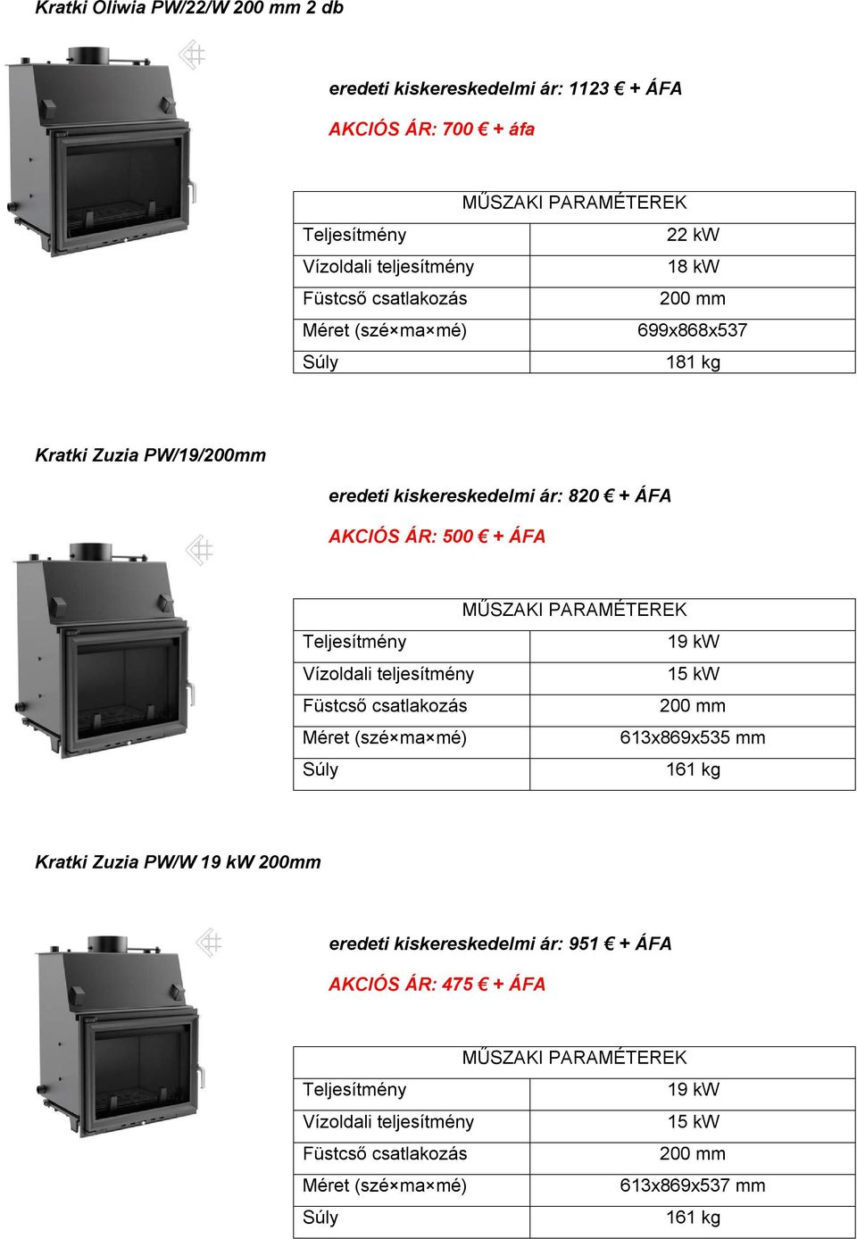 AKCIÓS ÁR: 500 + ÁFA 19 kw Vízoldali teljesítmény 15 kw 613x869x535 mm 161 kg Kratki Zuzia PW/W 19 kw