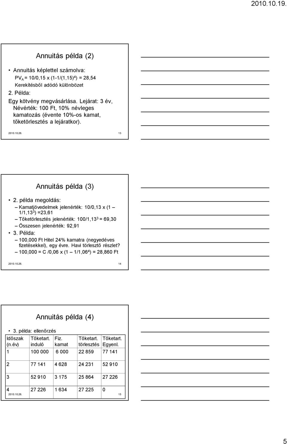 példa megoldás: Kamatjövedelmek jelenérték: 10/0,13 x (1 1/1,13 3 ) =23,61 Tőketörlesztés jelenérték: 100/1,13 3 = 69,30 Összesen jelenérték: 92,91 3.