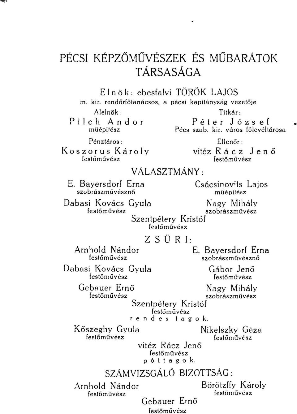 város főlevéltárosa Ellenőr: Koszorús Károly vitéz Rácz Jenő festőművész festőművész VÁLASZTMÁNY: E.