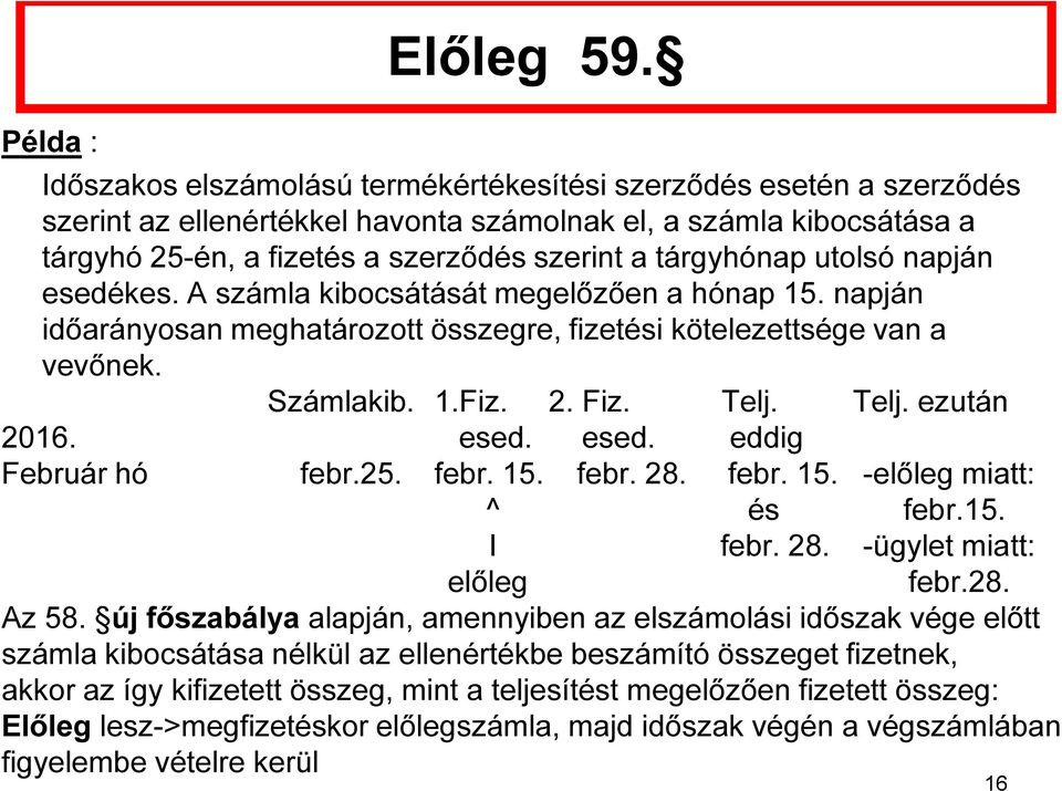 utolsó napján esedékes. A számla kibocsátását megelőzően a hónap 15. napján időarányosan meghatározott összegre, fizetési kötelezettsége van a vevőnek. Számlakib. 1.Fiz. 2. Fiz. Telj. Telj. ezután 2016.