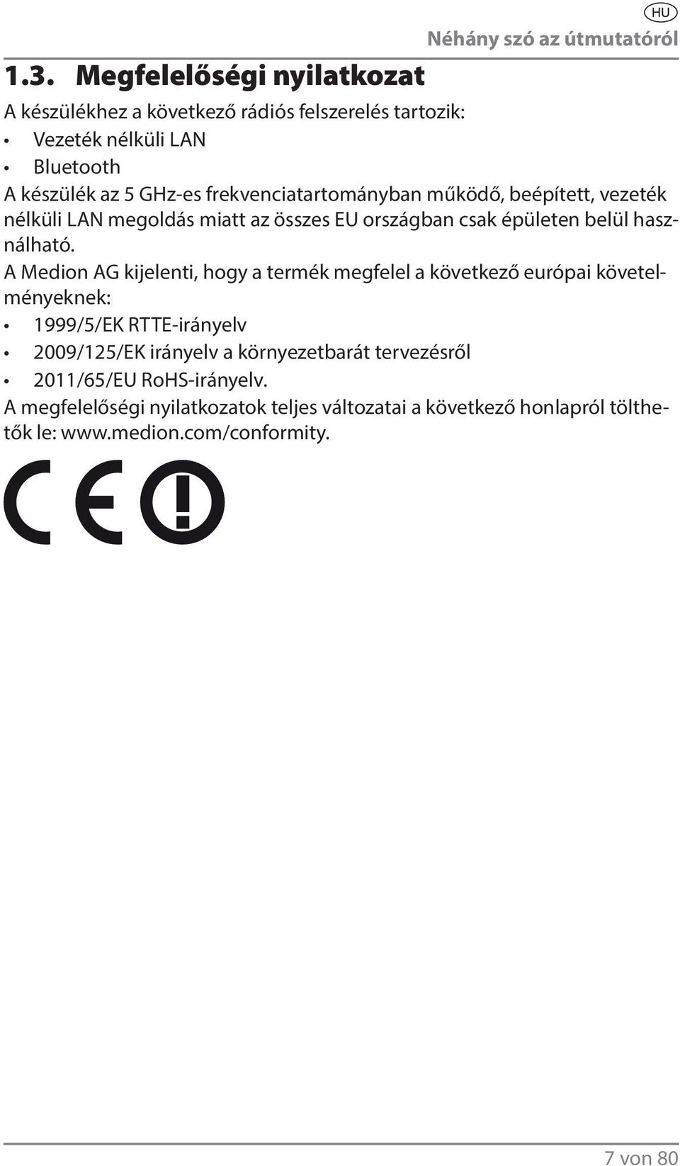 frekvenciatartományban működő, beépített, vezeték nélküli LAN megoldás miatt az összes EU országban csak épületen belül használható.