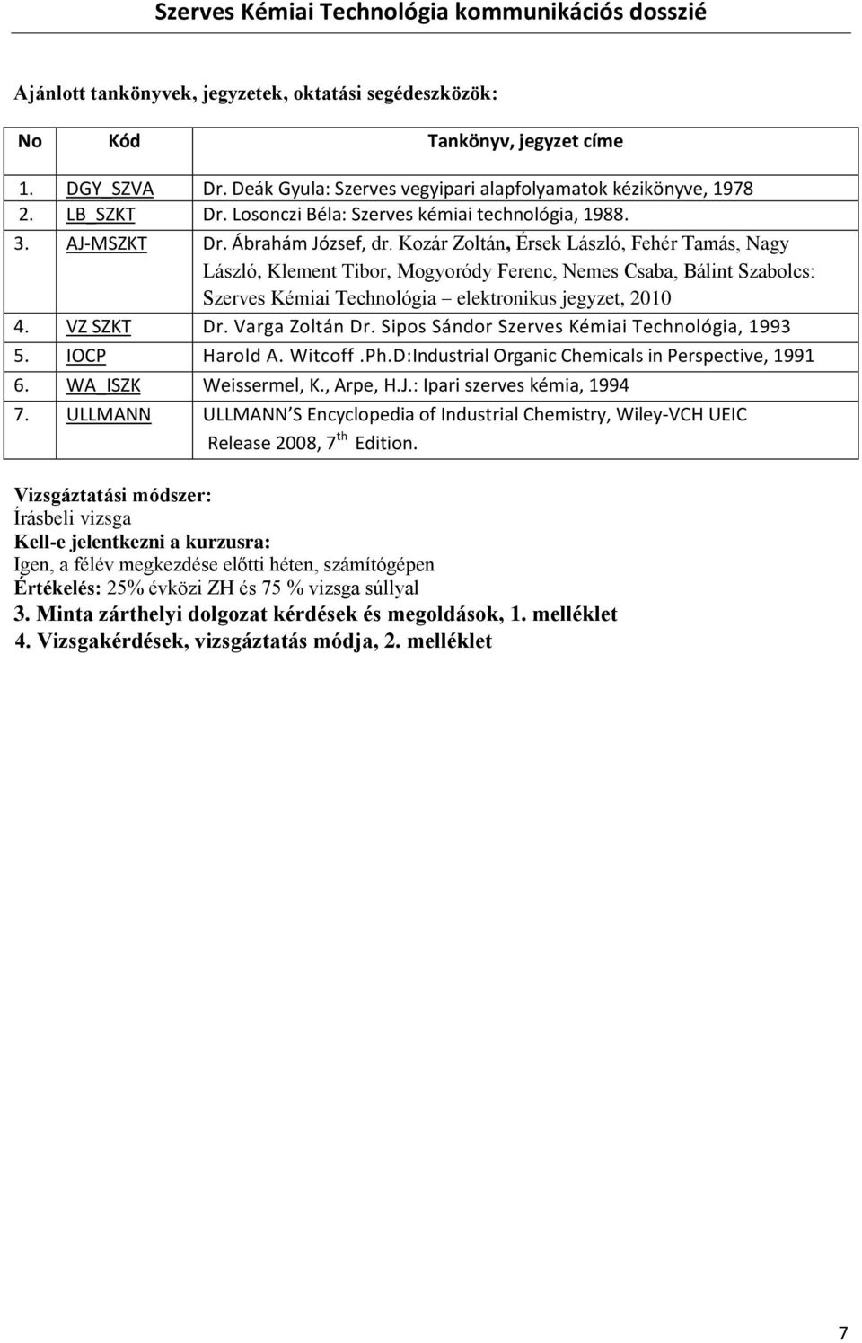 Kozár Zoltán, Érsek László, Fehér Tamás, Nagy László, Klement Tibor, Mogyoródy Ferenc, Nemes Csaba, Bálint Szabolcs: Szerves Kémiai Technológia elektronikus jegyzet, 2010 4. VZ SZKT Dr.