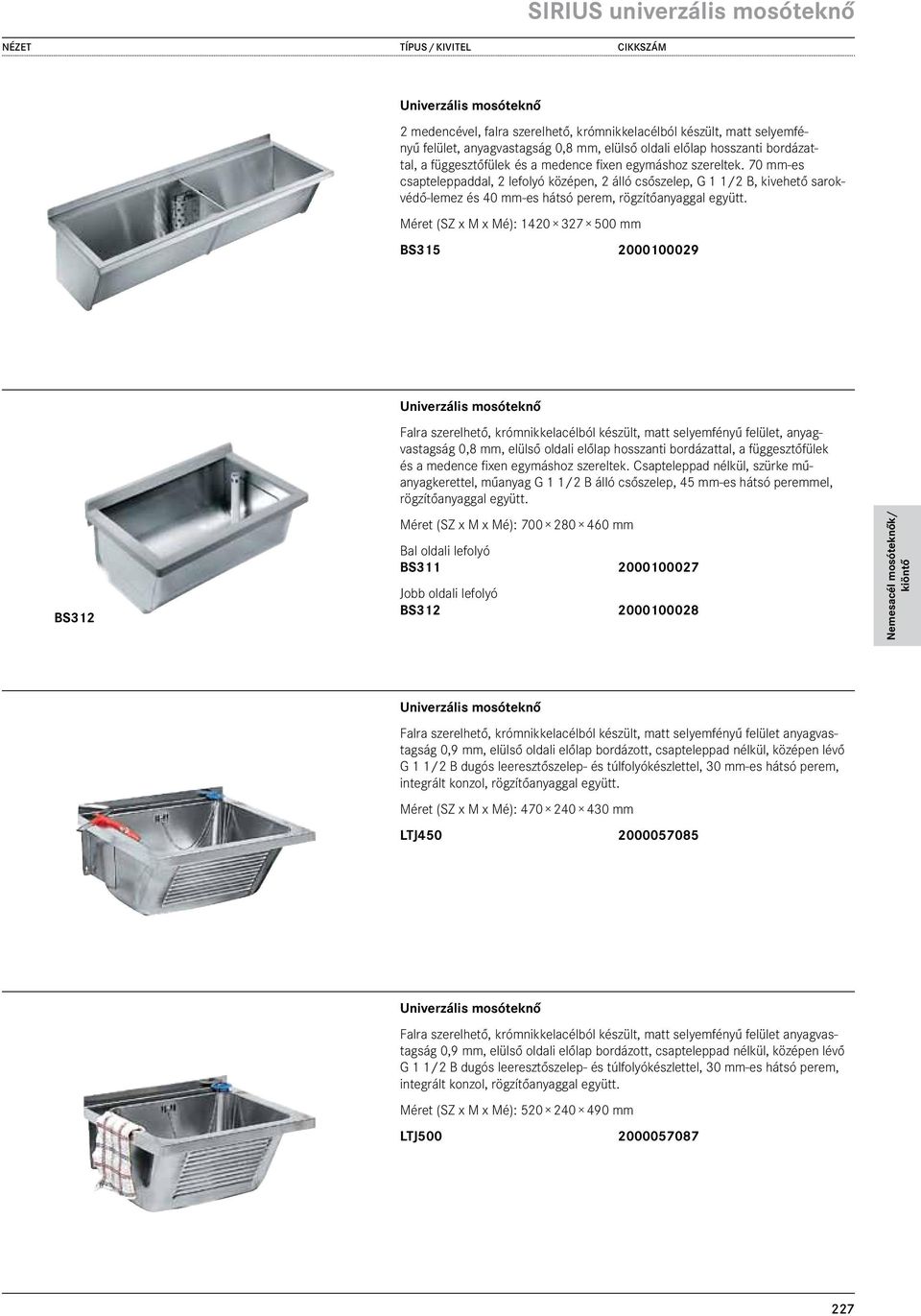 Méret (SZ x M x Mé): 1420 327 500 mm BS315 2000100029 540,00 BS312 0,8 mm, elülső oldali előlap hosszanti bordázattal, a függesztőfülek és a medence fixen egymáshoz szereltek.