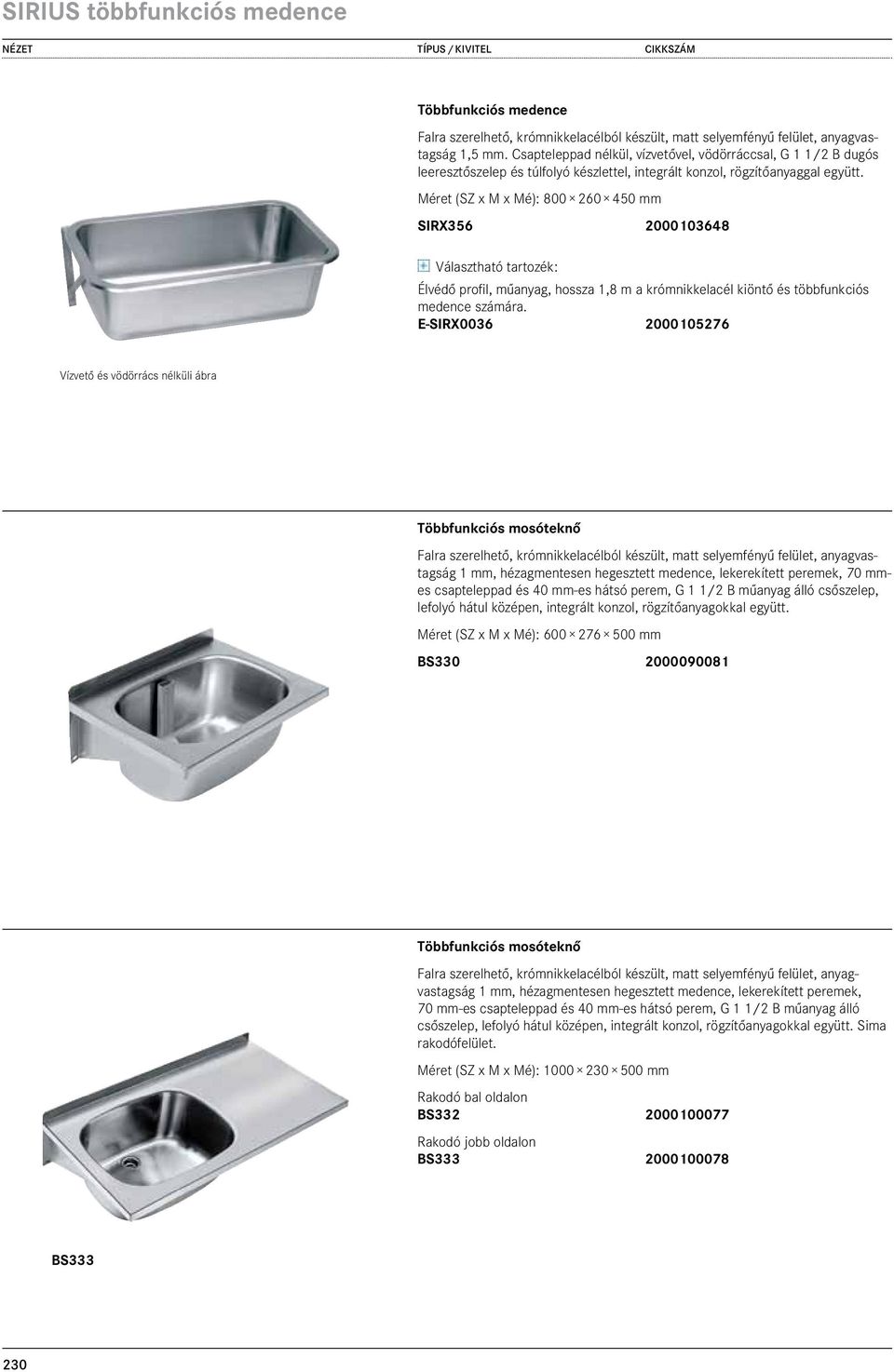 Méret (SZ x M x Mé): 800 260 450 mm SIRX356 2000103648 838,00 Választható tartozék: Élvédő profil, műanyag, hossza 1,8 m a krómnikkelacél kiöntő és többfunkciós medence számára.