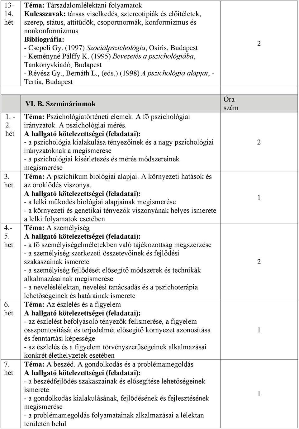 (997) Szociálpszichológia, Osiris, - Keményné Pálffy K. (995) Bevezetés a pszichológiába, Tankönyvkiadó, - Révész Gy., Bernáth L., (eds.) (998) A pszichológia alapjai, - VI. B. Szemináriumok Téma: Pszichológiatörténeti elemek.