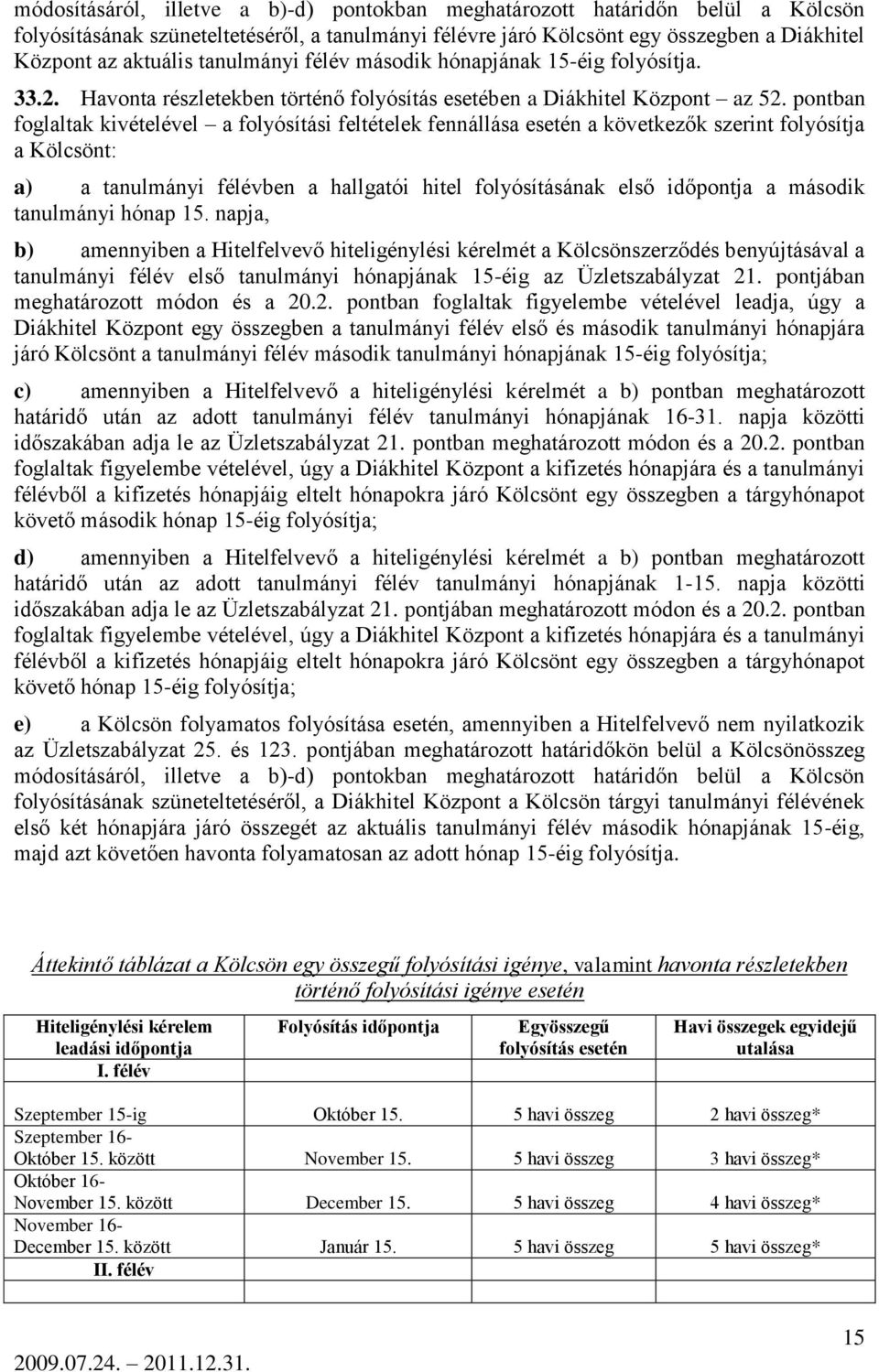 pontban foglaltak kivételével a folyósítási feltételek fennállása esetén a következők szerint folyósítja a Kölcsönt: a) a tanulmányi félévben a hallgatói hitel folyósításának első időpontja a második