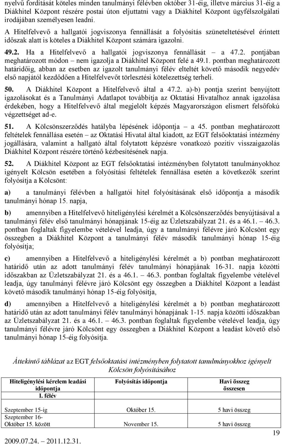 Ha a Hitelfelvevő a hallgatói jogviszonya fennállását a 47.2. pontjában meghatározott módon nem igazolja a Diákhitel Központ felé a 49.1.