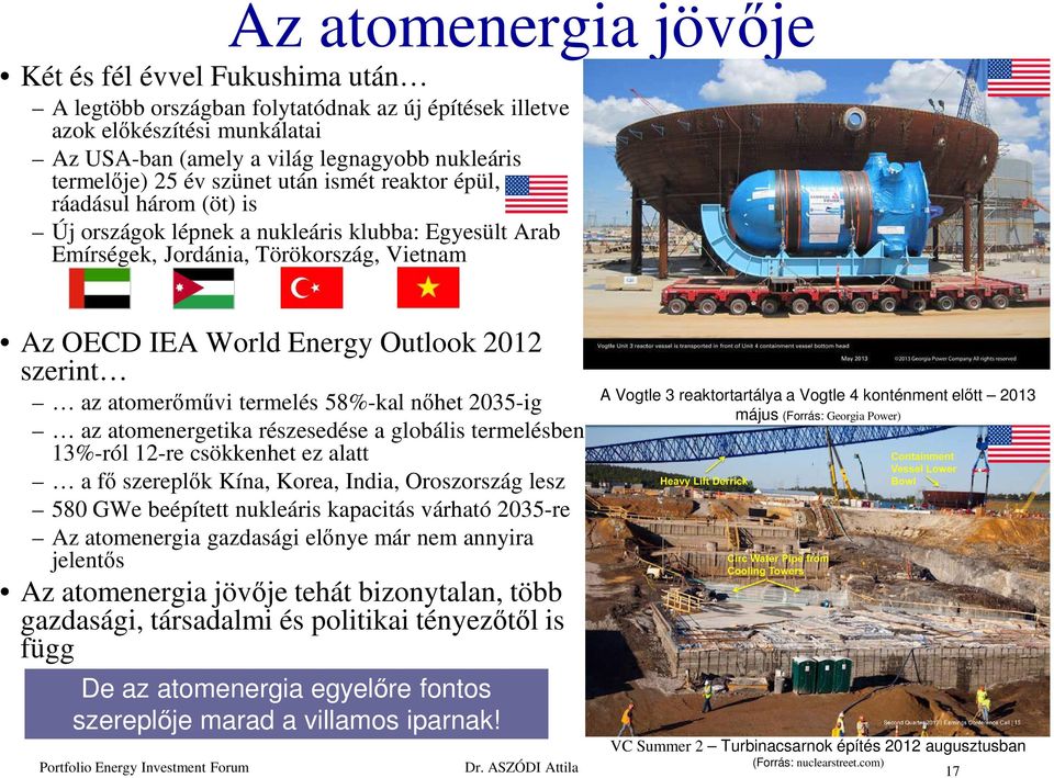 A Vogtle 3 reaktortartálya a Vogtle 4 konténment előtt 2013 az atomerőművi termelés 58%-kal nőhet 2035-ig az atomenergetika részesedése a globális termelésben 13%-ról 12-re csökkenhet ez alatt a fő