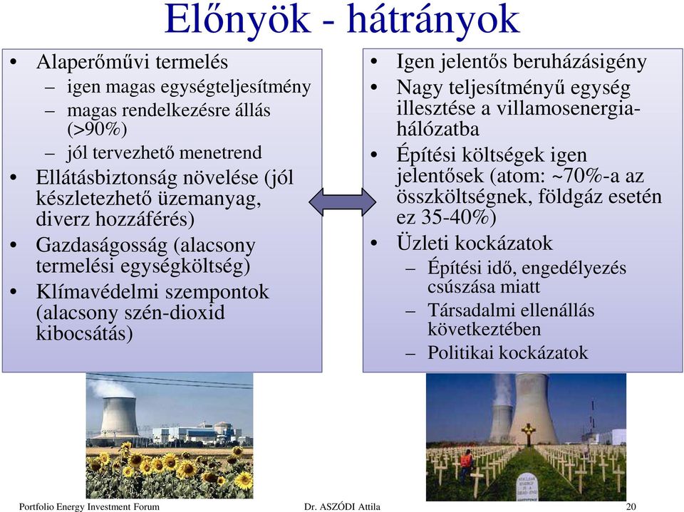 Igen jelentős beruházásigény Nagy teljesítményű egység illesztése a villamosenergiahálózatba Építési költségek igen jelentősek (atom: ~70%-a az