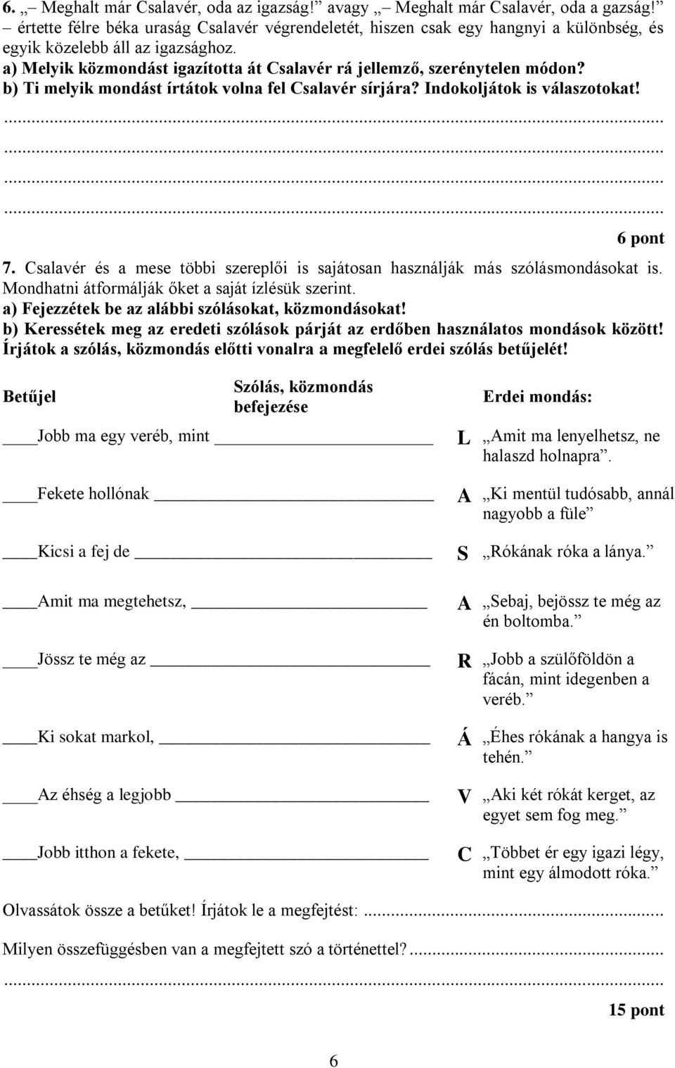 b) Ti melyik mondást írtátok volna fel Csalavér sírjára? Indokoljátok is válaszotokat! 6 pont 7. Csalavér és a mese többi szereplői is sajátosan használják más szólásmondásokat is.