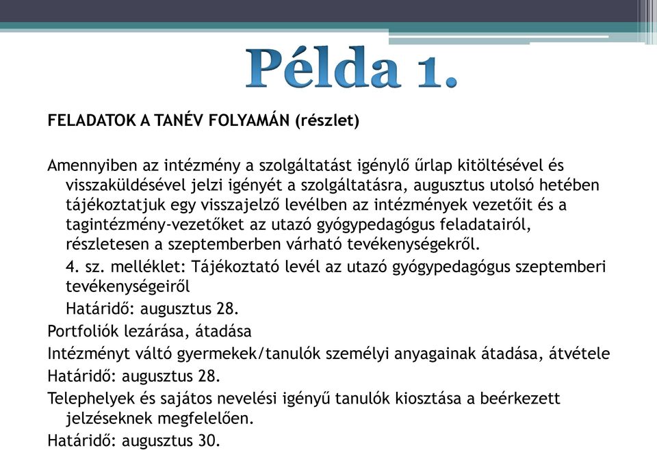 tevékenységekről. 4. sz. melléklet: Tájékoztató levél az utazó gyógypedagógus szeptemberi tevékenységeiről Határidő: augusztus 28.