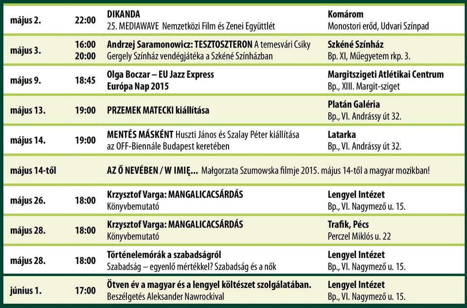 13. 19:00 PRZEMEK MATECKI kiállítása május 14. 19:00 MENTÉS MÁSKÉNT Huszti János és Szalay Péter kiállítása az OFF-Biennále Budapest keretében Komárom Monostori erőd, Udvari Színpad Szkéné Színház Bp.