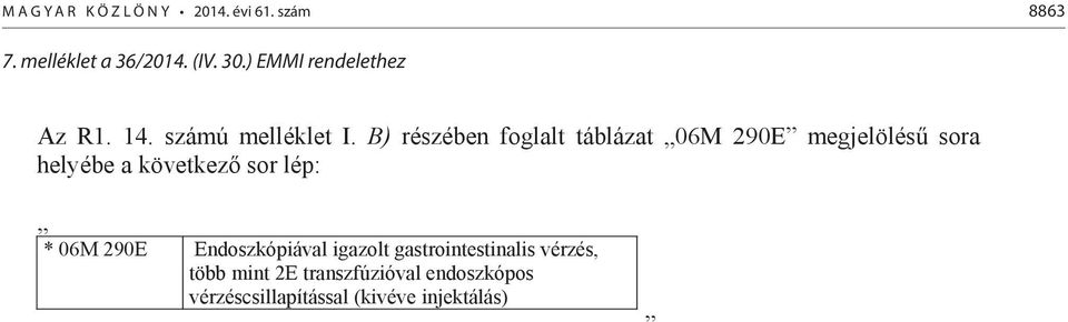 B) részében foglalt táblázat 06M 290E megjelölés sora helyébe a következ sor lép: *