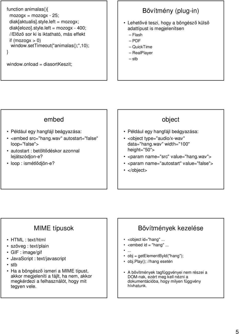 onload = diasortkeszit; vítmény (plug-in) Lehet vé teszi, hogy a böngész küls adattípust is megjelenítsen Flash PDF QuickTime RealPlayer stb embed Például egy hangfájl beágyazása: <embed src="hang.