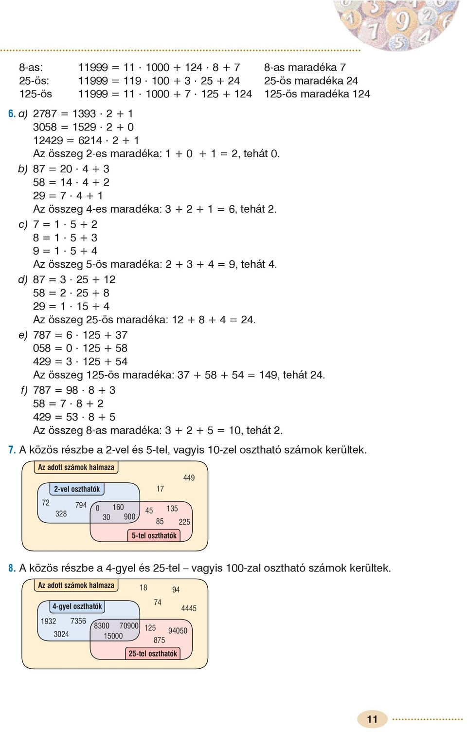 e) 8 = + 08 = 0 + 8 9 = + Az összeg -ös maradéka: + 8 + = 9, tehát. f) 8 = 98 8 + 8 = 8 + 9 = 8 + Az összeg 8-as maradéka: + + = 0, tehát.