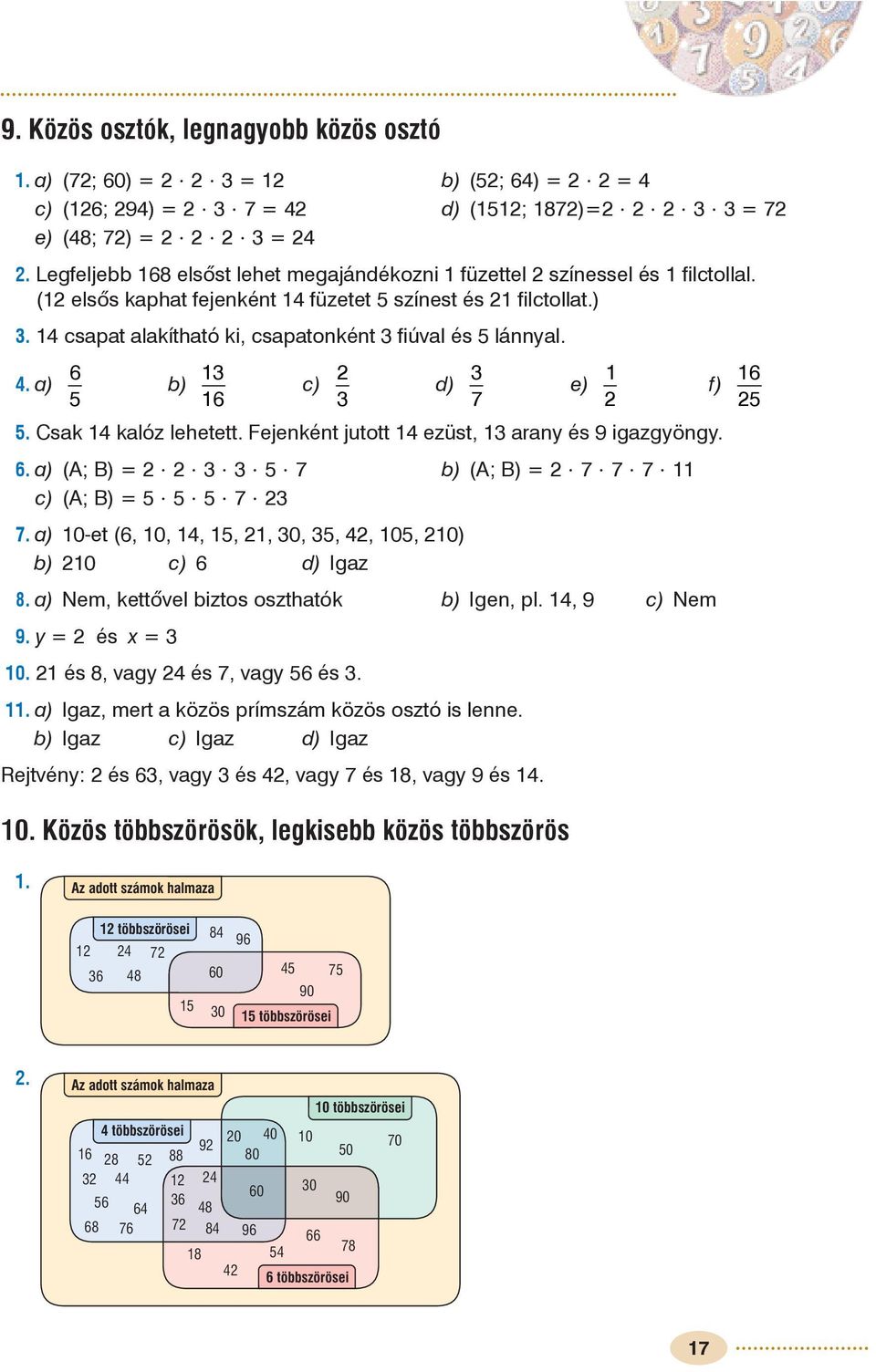 . a) (A; B) = b) (A; B) = c) (A; B) =. a) 0-et (, 0,,,, 0,,, 0, 0) b) 0 c) d) Igaz 8. a) Nem, kettõvel biztos oszthatók b) Igen, pl., 9 c) Nem 9. y = és x = 0. és 8, vagy és, vagy és.