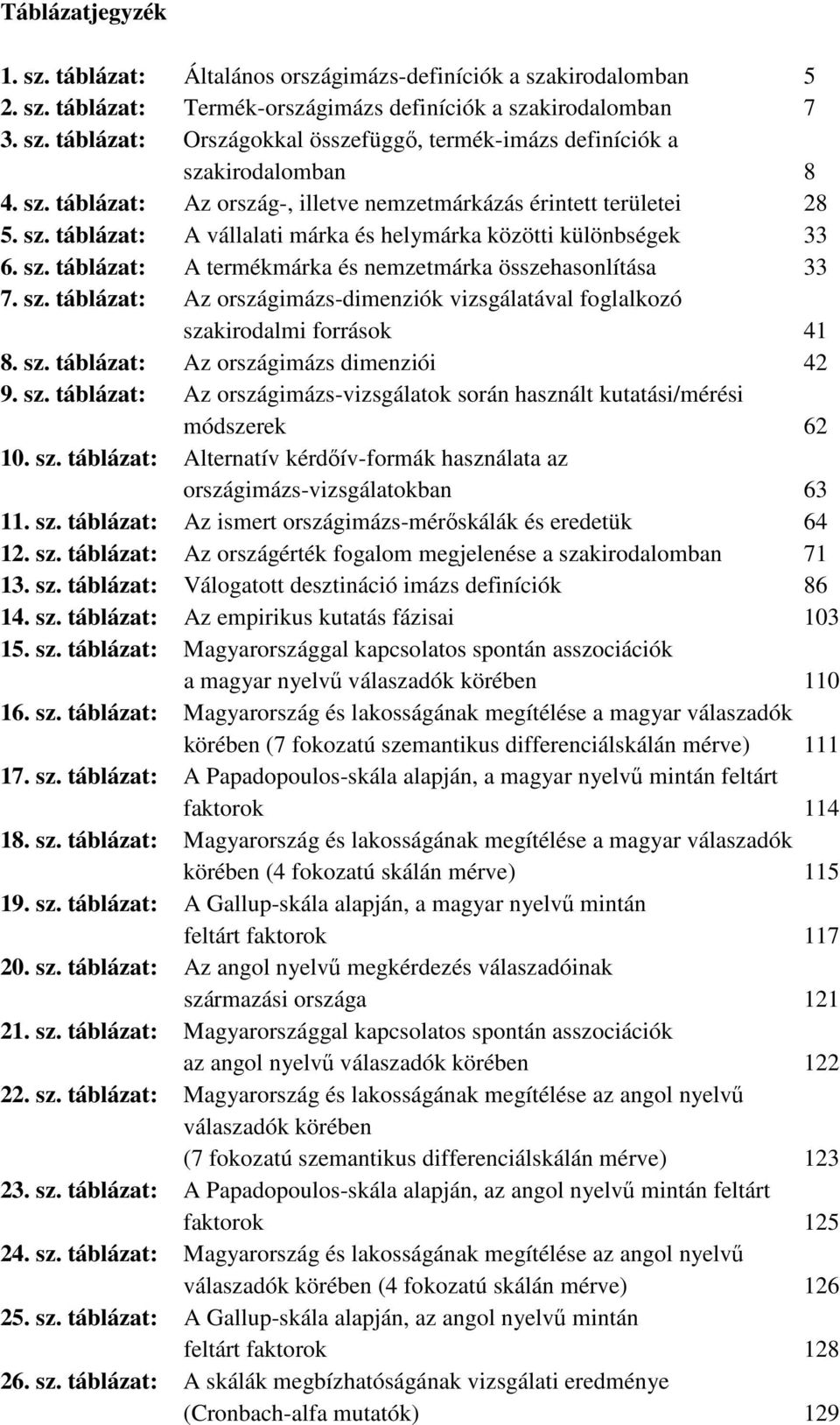 sz. táblázat: Az országimázs-dimenziók vizsgálatával foglalkozó szakirodalmi források 41 8. sz. táblázat: Az országimázs dimenziói 42 9. sz. táblázat: Az országimázs-vizsgálatok során használt kutatási/mérési módszerek 62 10.