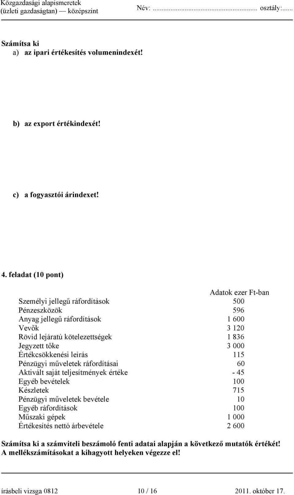 tőke 3 000 Értékcsökkenési leírás 115 Pénzügyi műveletek ráfordításai 60 Aktivált saját teljesítmények értéke - 45 Egyéb bevételek 100 Készletek 715 Pénzügyi műveletek bevétele 10