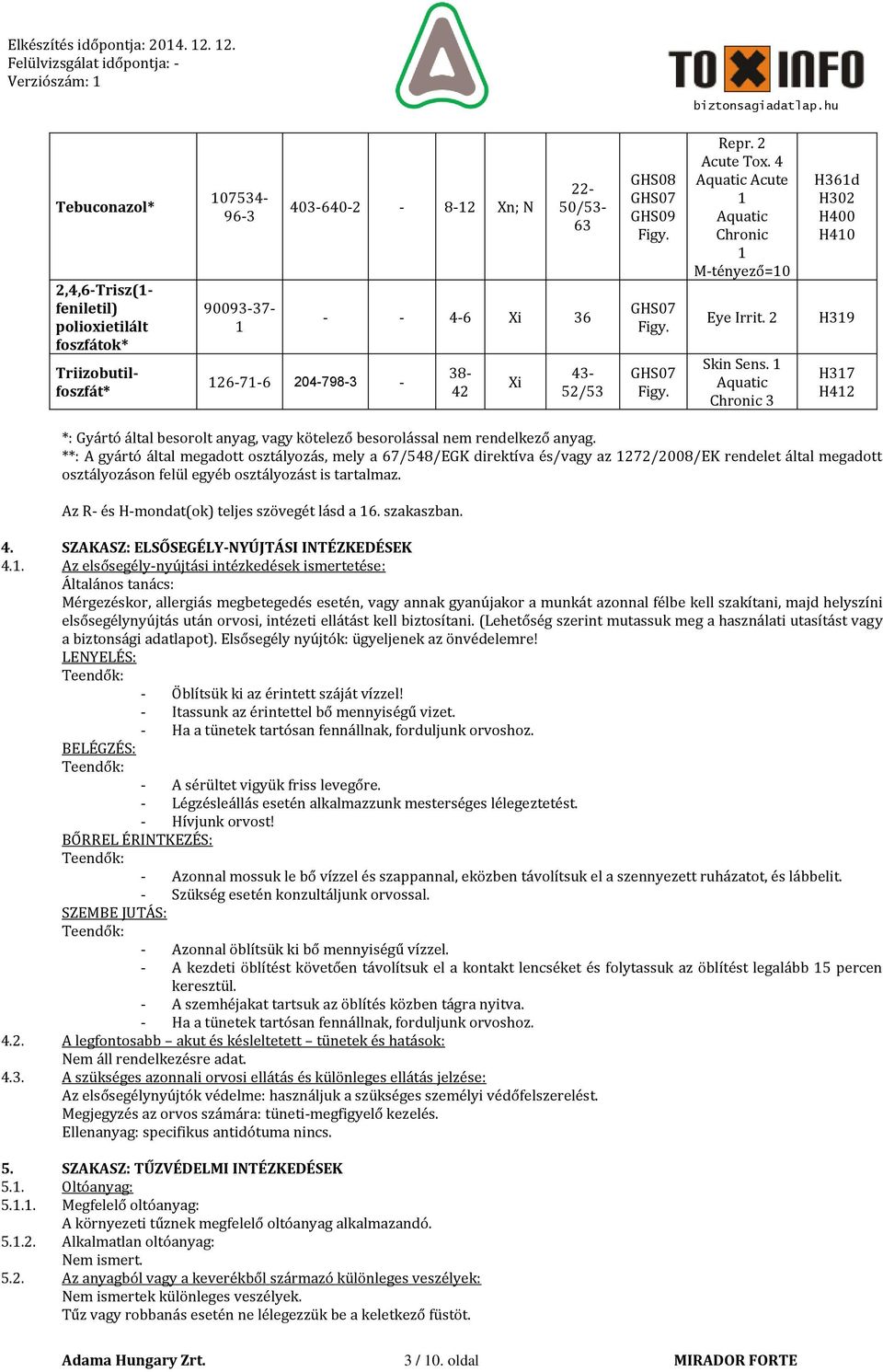1 Aquatic Chronic 3 H361d H302 H400 H410 H319 H317 H412 *: Gyártó által besorolt anyag, vagy kötelező besorolással nem rendelkező anyag.