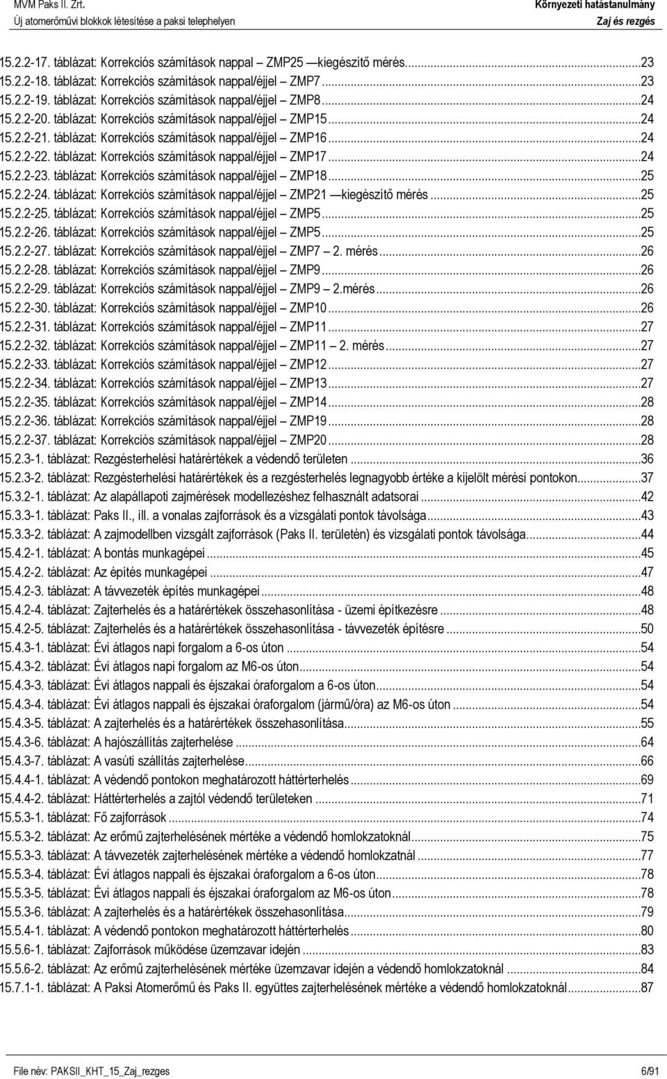 táblázat: Korrekciós számítások nappal/éjjel ZMP17...24 15.2.2-23. táblázat: Korrekciós számítások nappal/éjjel ZMP18...25 15.2.2-24.