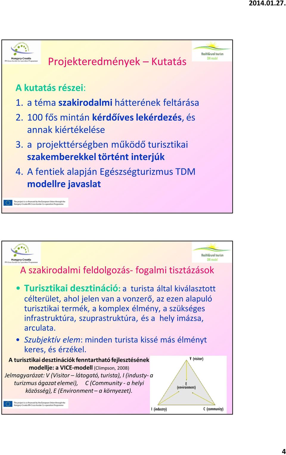 A fentiek alapján Egészségturizmus TDM modellre javaslat A szakirodalmi feldolgozás- fogalmi tisztázások Turisztikai desztináció: a turista által kiválasztott célterület, ahol jelen van a vonzerő, az