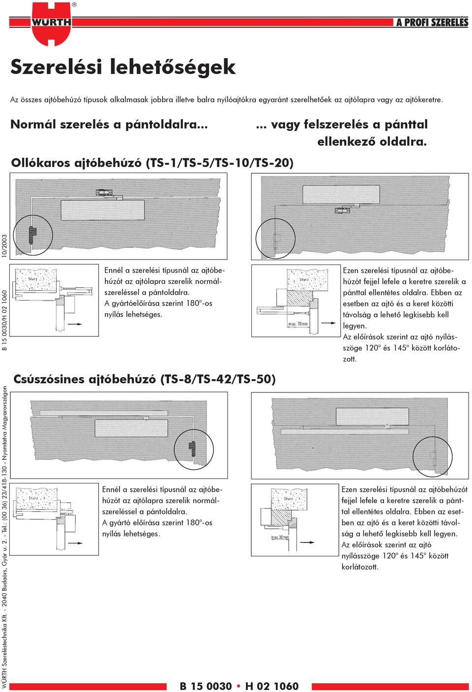 : (00 36) 3/48-30 - Nyomtatva Magyarországon B 5 0030/H 0 060 0/003 Ennél a szerelési típusnál az ajtóbehúzót az ajtólapra szerelik normálszereléssel a pántoldalra.