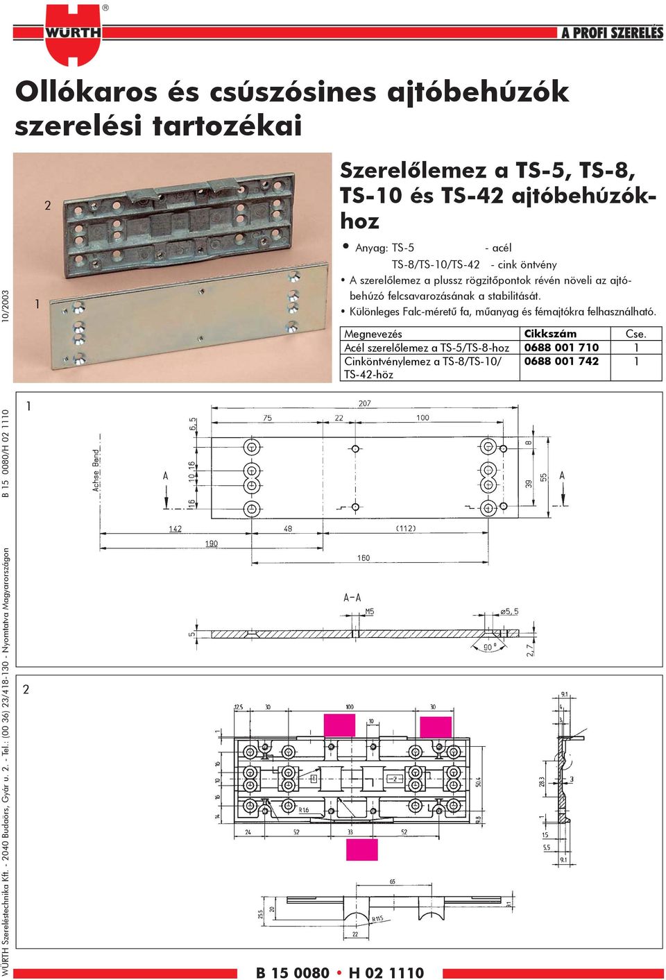 TS-8/TS-0/TS-4 - cink öntvény A szerelôlemez a plussz rögzitôpontok révén növeli az ajtóbehúzó felcsavarozásának a stabilitását.