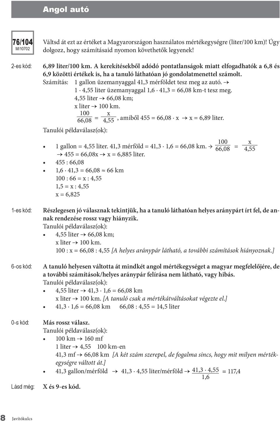 Számítás: 1 gallon üzemanyaggal 41,3 mérföldet tesz meg az autó. 1 4,55 liter üzemanyaggal 1,6 41,3 = 66,08 km-t tesz meg. 4,55 liter 66,08 km; x liter 100 km.