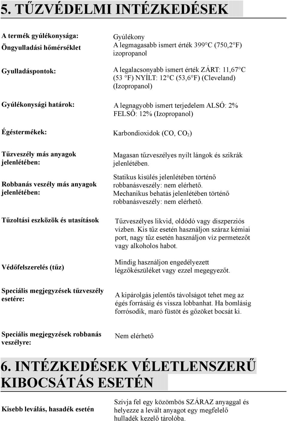 anyagok jelenlétében: Robbanás veszély más anyagok jelenlétében: Tűzoltási eszközök és utasítások Védőfelszerelés (tűz) Magasan tűzveszélyes nyílt lángok és szikrák jelenlétében.