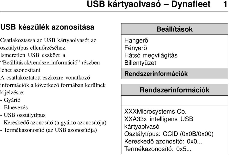 kijelzésre: - Gyártó - Elnevezés - USB osztálytípus - Kereskedő azonosító (a gyártó azonosítója) - Termékazonosító (az USB azonosítója) Beállítások Hangerő Fényerő