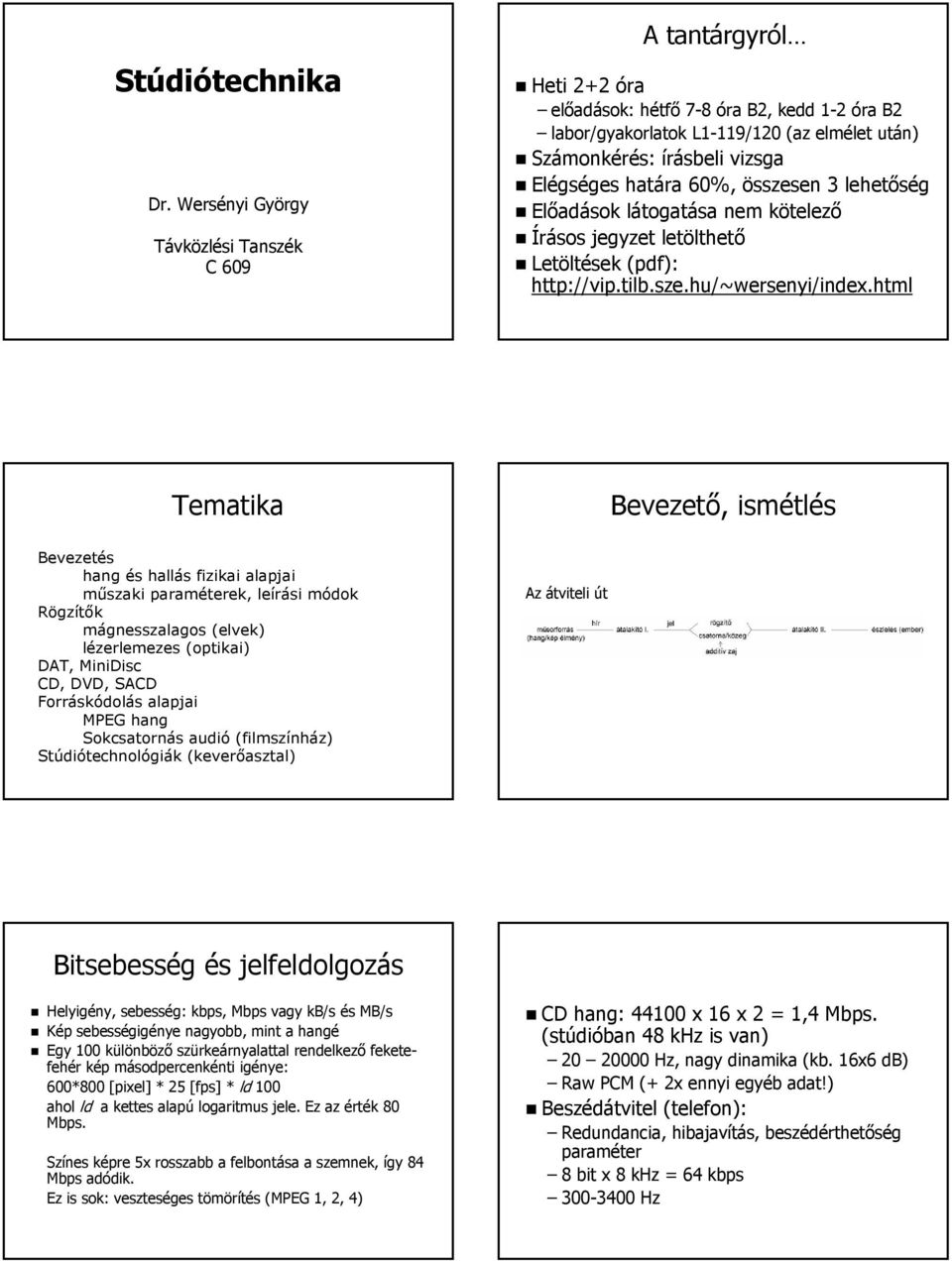 vizsga Elégséges határa 60%, összesen 3 lehetőség Előadások látogatása nem kötelező Írásos jegyzet letölthető Letöltések (pdf( pdf): http://vip.tilb.sze.hu/~wersenyi/index.