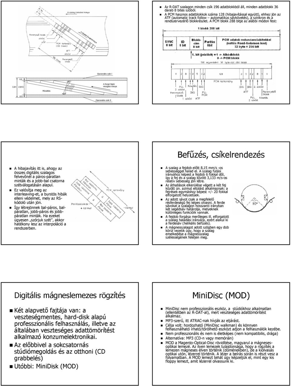 A PCM blokk 288 bitje az alábbi módon fest: Opcionális csík I 0.5 3.81 2.613-20 0 A forgó fejek mozgási iránya 0.