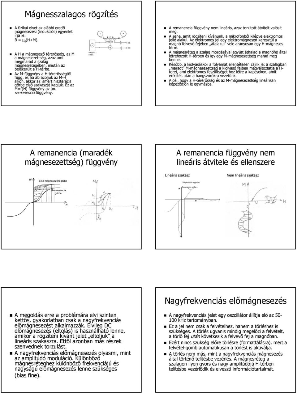 H Az M-függvény M a H-térerősségtől H függ, és ha ábrázoljuk az M-H M síkon, akkor az ismert hiszterézis görbe első szakaszát kapjuk. Ez az M=f(H) függvény az ún. remanencia függvény.