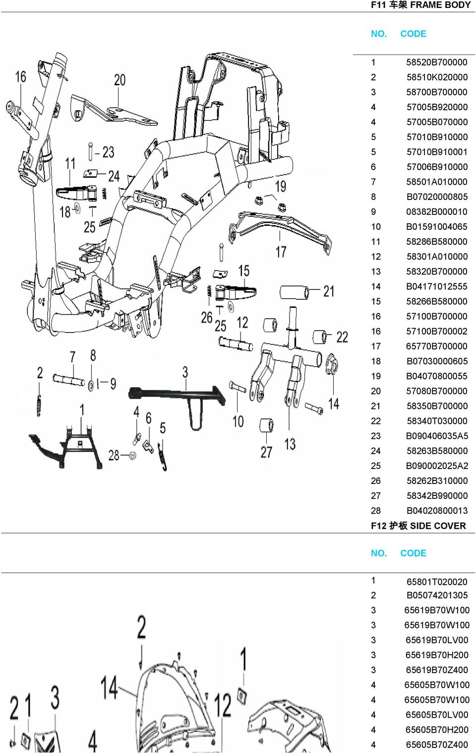 B04070800055 20 57080B700000 21 58350B700000 22 58340T030000 23 B090406035A5 24 58263B580000 25 B090002025A2 26 58262B310000 27 58342B990000 28 B04020800013 F12 护 板 SIDE COVER