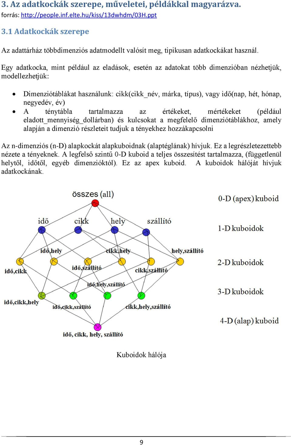 Egy adatkocka, mint például az eladások, esetén az adatokat több dimenzióban nézhetjük, modellezhetjük: Dimenziótáblákat használunk: cikk(cikk_név, márka, típus), vagy idő(nap, hét, hónap, negyedév,